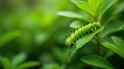 Bright green caterpillars crawling on lush leaves, vibrant forest floor background, natural wildlife concept