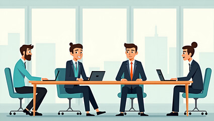 Enhancing Workplace Productivity: A Flat Vector Illustration of a Business Team Collaborating in an Office - Cute Cartoon Characters Emphasizing Teamwork and Smart Business Solutions