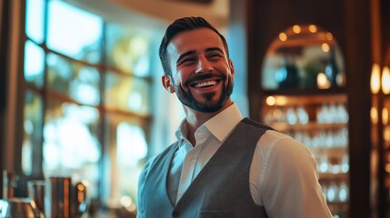 Obraz premium Charismatic bartender smiling at upscale bar professional portrait warm atmosphere close-up hospitality vibes
