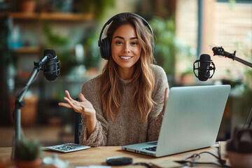  Female podcast host sitting at desk with laptop