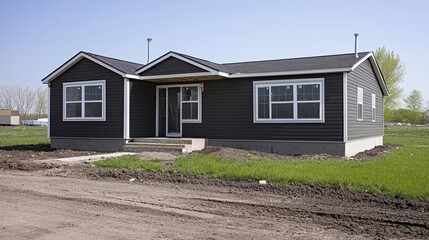 A modern prefab home features dark siding and white window trim. Great for real estate ads or construction industry promotional materials.