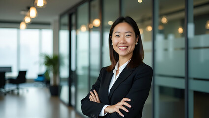 Confident Middle-Aged Asian Female Business Leader Smiling in Modern Office - Executive Portrait