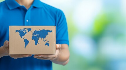Worldwide shipping and delivery, person holding a cardboard box with world map depicting global logistics