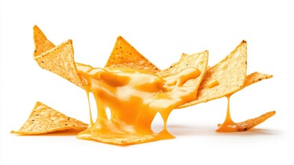 Golden cheese sauce dripping onto a few crunchy tortilla chips