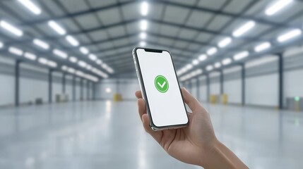 Hand holding phone with green checkmark, successful completion confirmation mobile