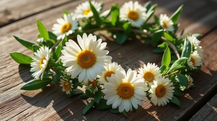 Obraz premium An artistic flat lay of a daisy flower crown with lush green leaves placed on a vivid, weathered wooden surface