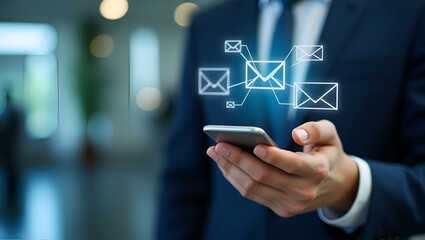 Enhancing Professional Relationships: Businessman with Smartphone Showcasing Customer Support Icons for Seamless Communication in the Workplace - Stock Photo Concept with Space for Text