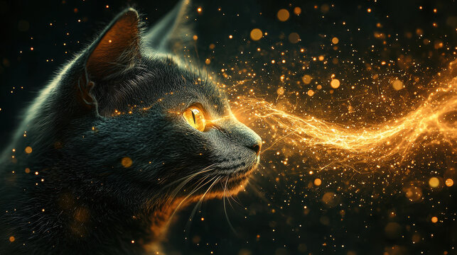 Illustration of Schrodingers cat in a quantum state with glowing superposition waves in a futuristic surrealism style