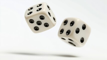 Two white dice are suspended in midair against a white background