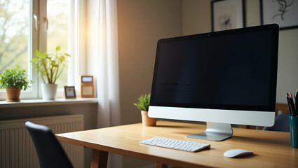 Enhance Your Productivity: A Simple Flat Vector Illustration of a Home Office Setup with a Computer on the Table for Remote Work Environments