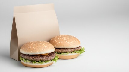 Two delicious burgers with lettuce and sesame buns accompanied by a paper bag, perfect for takeaway or delivery.
