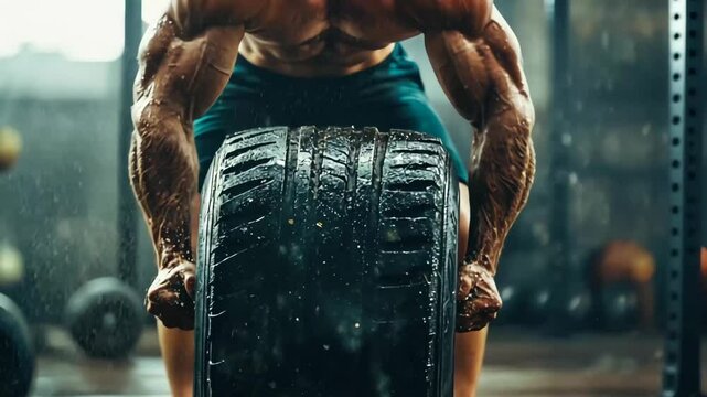 A muscular athlete performing an intense tire flip exercise in a gritty gym environment. Water and dirt splash as the powerful movement showcases strength, determination, and endurance.