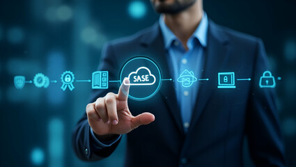 Businessman Engaging with SASE Icons on Digital Interface for Cloud Security and Cybersecurity Solutions