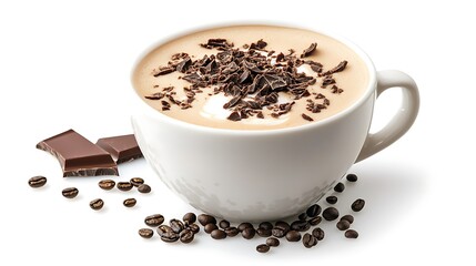 A white cup filled with a drink and chocolate shavings on top near