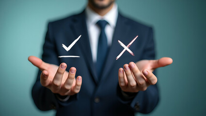 Businessman Evaluates Tough Business Decisions with Check Marks & Icons