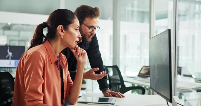 Engineer, computer or people in office for windmill, brainstorming or advice for renewable energy solution. Teamwork, tech or map on screen for wind turbine development, collaboration or strategy