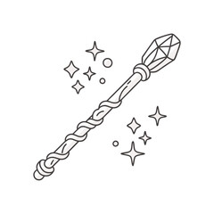 Fantasy magic wand vector with crystal tip, swirling design, and sparkling stars in a clean, outlined mystical style.