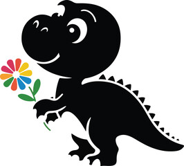 Baby Dinosaur with a Flower silhouette vector illustration