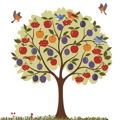 A colorful tree filled with fruit and birds, a vibrant illustration.