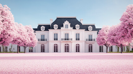 A stunning mansion surrounded by blooming cherry blossom trees and a pink flower carpet, set against a clear blue sky.