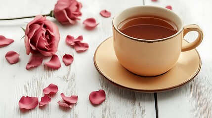 Teacup with roses and petals on wooden table.