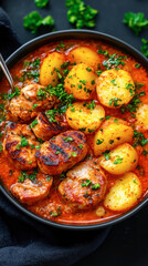 A hearty dish featuring tender meatballs and potatoes in a rich, flavorful sauce, garnished with fresh herbs for added freshness.