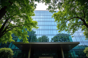 tall building with trees reflected in the windows