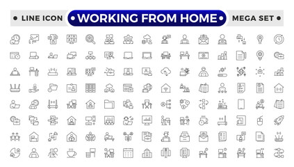 Working from home outline icon set. Containing remote work, work online, freelancing, home office, digital nomad, portfolio and more.