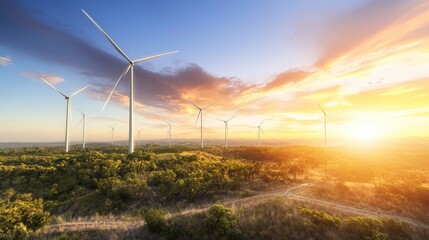 Naklejka premium Majestic Wind Turbines at Sunset Clean Energy Landscape