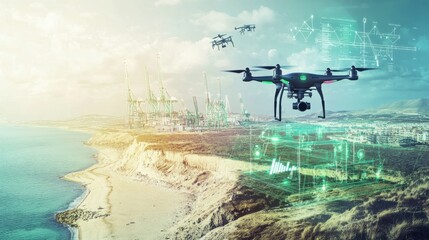 A drone monitoring a coastal area for pollution detection, coastal landscape with drones flying over and real-time environmental data displayed, High-tech style
