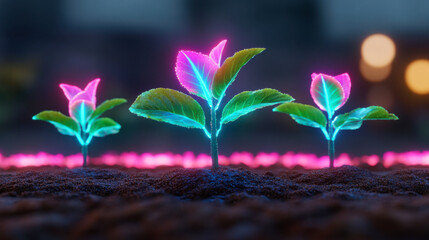 A vibrant, glowing depiction of young plants sprouting from soil, illuminated with neon colors, suggesting growth, energy, and innovation.