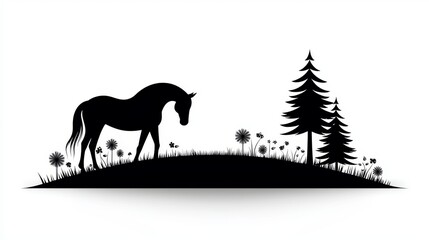 Fototapeta premium Serene Horse Silhouette in a Peaceful Meadow Landscape with Trees