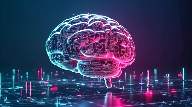 Digital brain representation showcasing neural networks and circuits in a futuristic environment