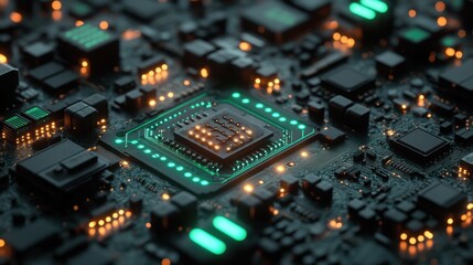 Obraz premium Complex circuit board with chips, lights and intricate wiring details. Showcases technology, computing power, and the future of innovation.