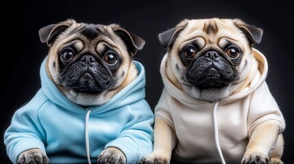 Fototapeta premium Adorable Pugs in Hoodies Studio Shot Pet Fashion Cute Dogs