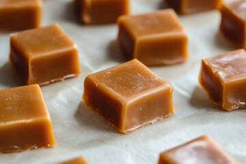 Freshly Made Caramel Squares on Parchment Paper in Natural Light