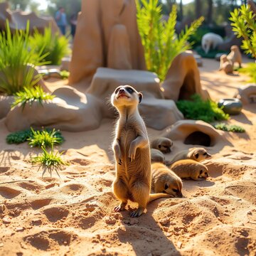 an image of a small meerkat standing on its hind legs, there is a small meerkat standing on the sand in the zoo
