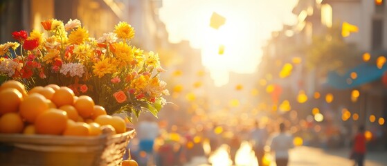 Sunlit Street Fair: Oranges, Flowers, and Festive Atmosphere