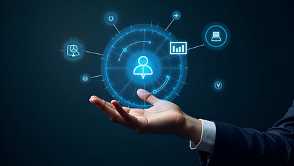 Flat Hand Interacting with Holographic Digital Marketing Interface for Customer Engagement Analytics