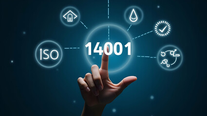Hand Touching Holographic ISO 14001 Certification Interface for Environmental Management and Sustainability