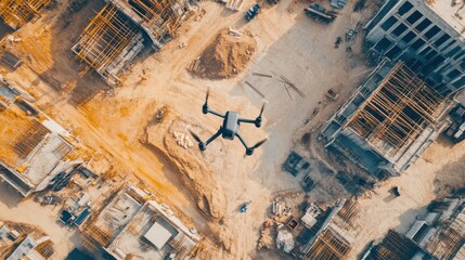 A drone surveying construction sites for progress tracking, construction zone with drone flying over and digital progress analytics, High-tech style