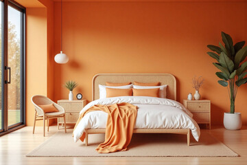 bedroom with orange walls and a rattan bed