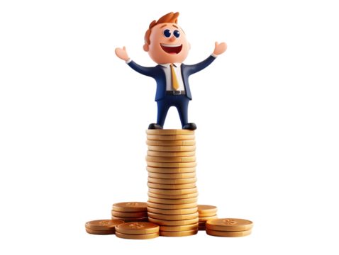 Cartoon Businessman Standing on Gold Coin Stack with Arms Raised Up