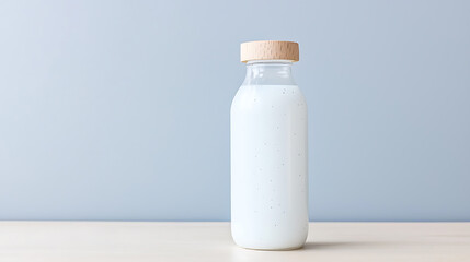 Pouring fresh milk into a stylish glass bottle minimalist kitchen setting photography clean and modern aesthetic