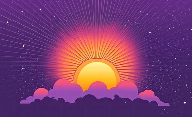 Sunrise over clouds, radiating light against a starlit night sky