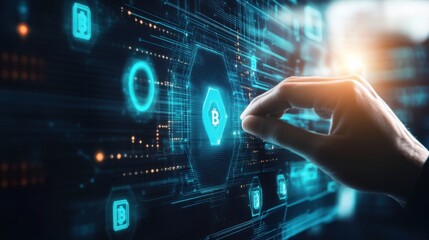 A fintech expert using a blockchain interface, modern financial hub with transparent data streams and digital transaction graphics, High-tech style
