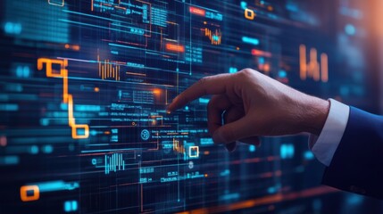 A fintech expert using a blockchain interface, modern financial hub with transparent data streams and digital transaction graphics, High-tech style