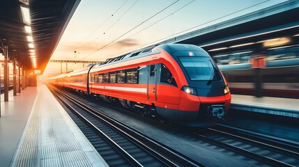 Fototapeta premium Modern High-Speed Train Departing from Station at Sunset