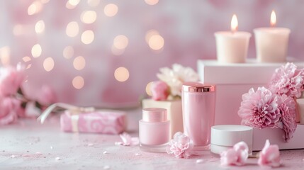 Elegant mother's day gift display with cosmetics and candles for pharmacy promotion. Horizontal banner. Copy space. Holiday template, mockup with candles, pink flowers and gift box