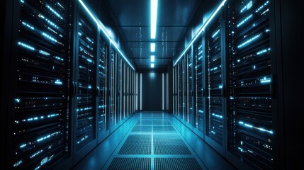 A futuristic data center with servers and glowing lights, dark and moody ambiance with high-tech equipment, High-tech style
